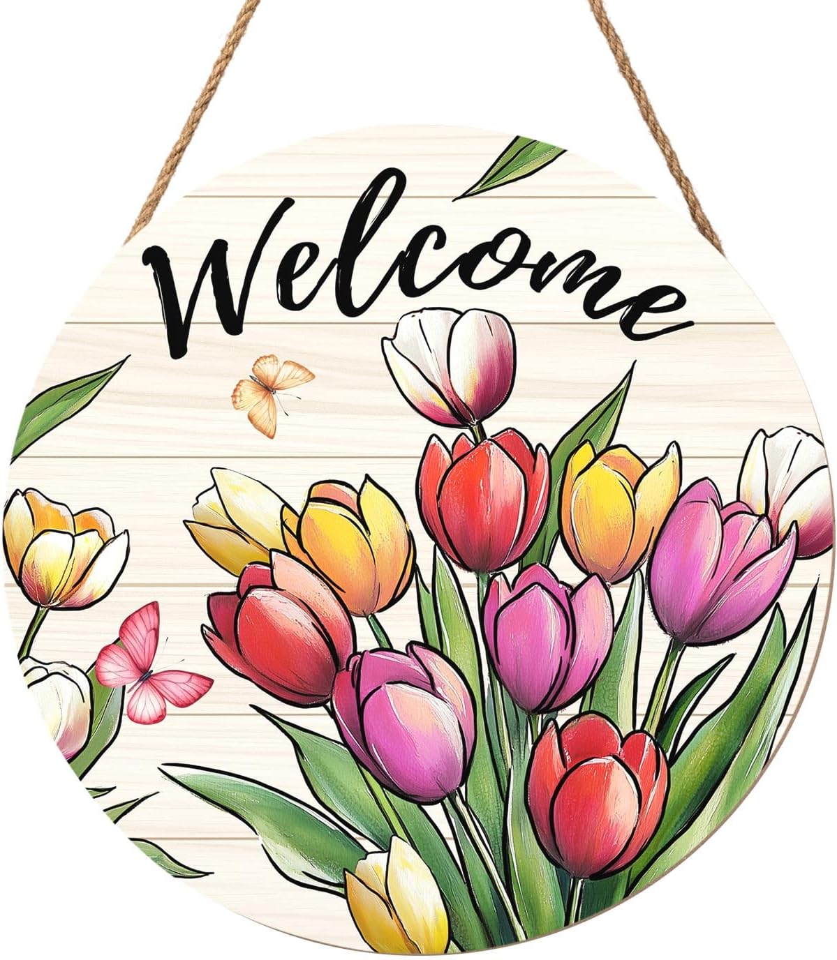 Spring Welcome Sign for Front Door Decor Spring Flower Wall Hanging Sign Spring Decorations Summer Floral Wooden Wreath Farmhouse Door Hanger Sign for Spring Summer Party Indoor Outdoor Decor 12 Inch
