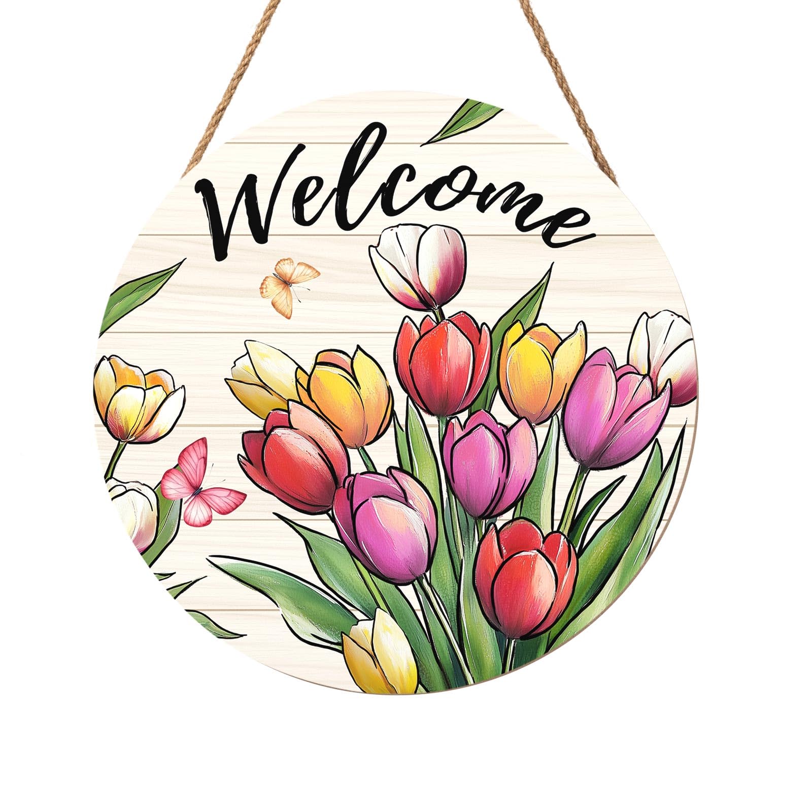Tulip Welcome Sign for Front Door Decor Spring Flower Wall Hanging Sign Summer Decorations Floral Wooden Wreath Farmhouse Door Hanger Sign for Spring Summer Party Indoor Outdoor Decor 12 Inch