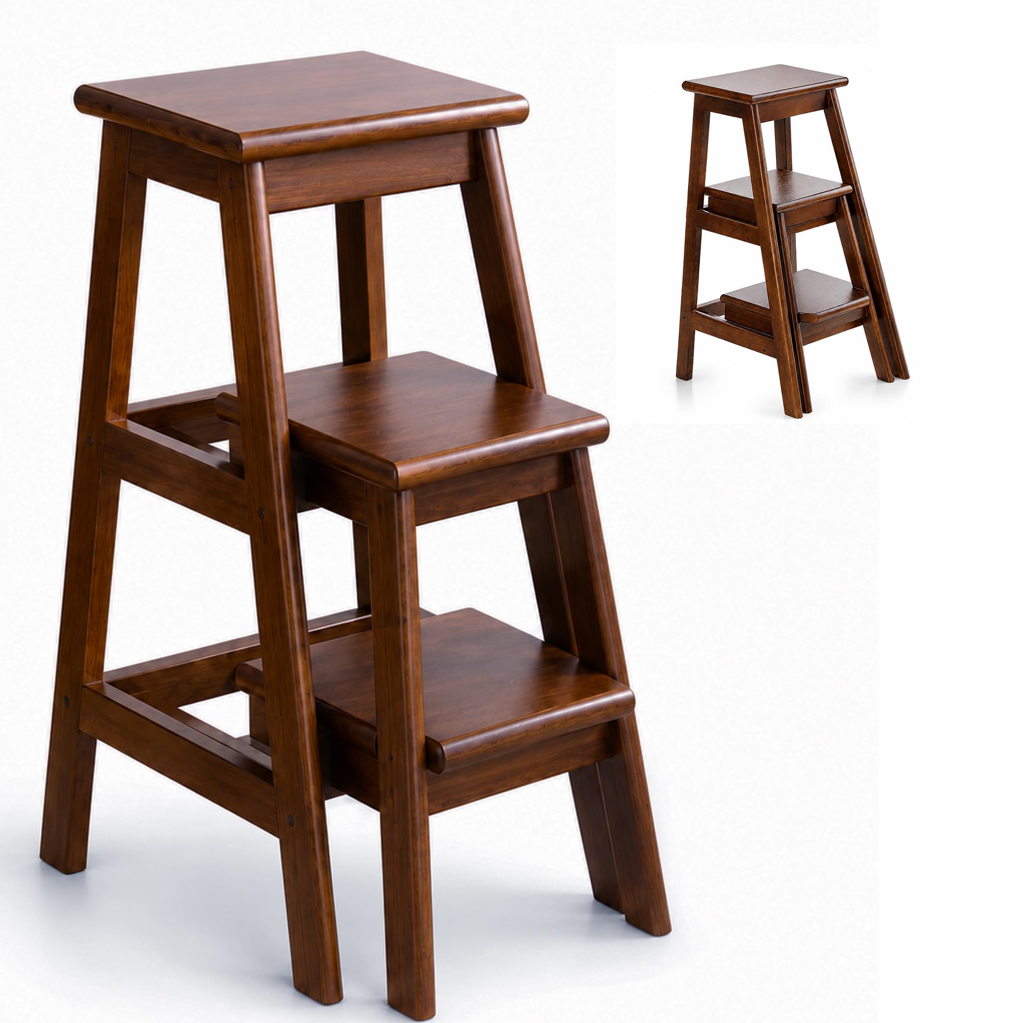 Escabeau Pliable À 3 Marches en Bois Tabouret Échelle 3 en 1, Pédales Antidérapantes Agrandies Compartiment De Rangement Multifonctionnel Support À Fleurs pour Cuisine Bibliothèque Garage Escabeau