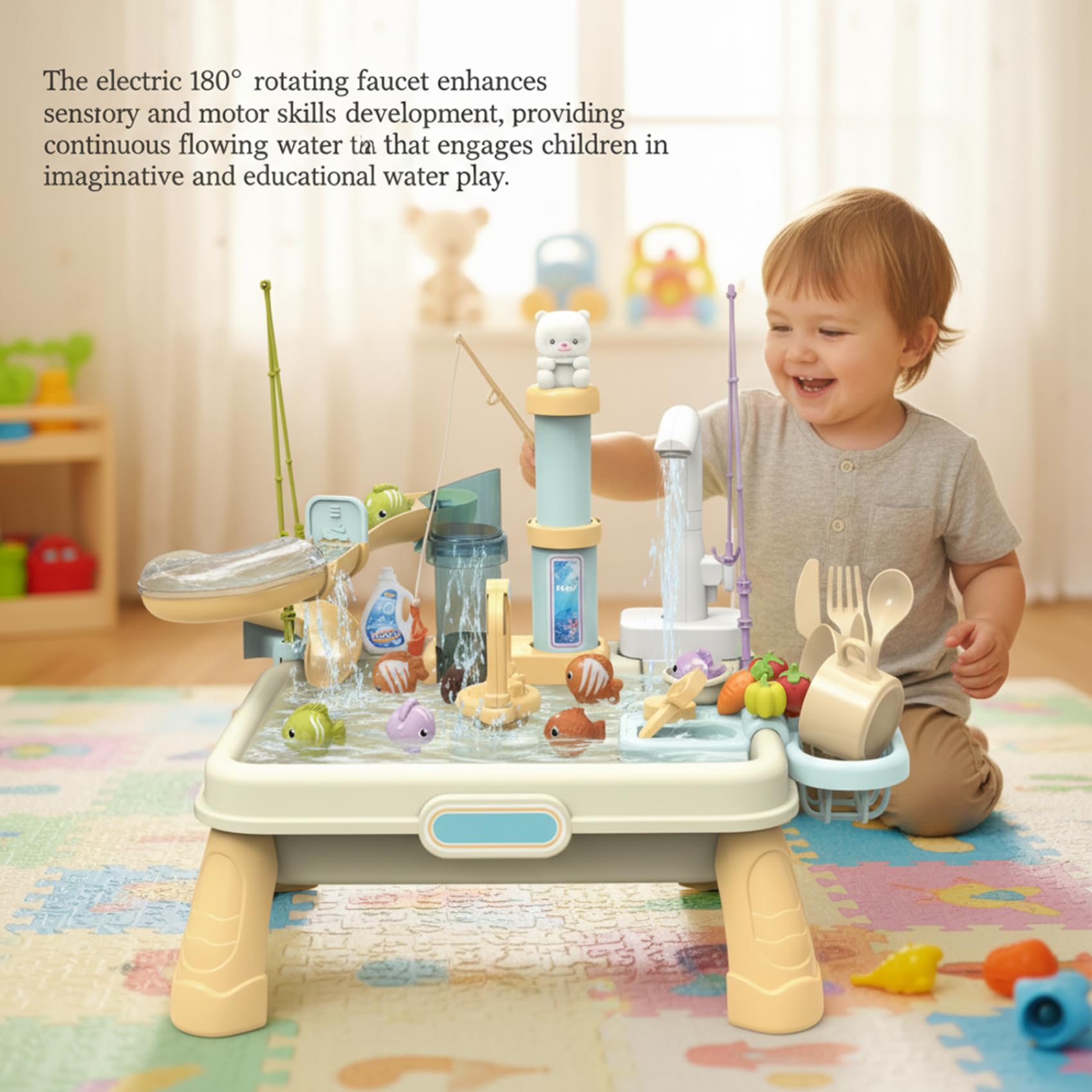 Mesa de Agua para niños, Mesa de Juegos de Agua con Fregadero eléctrico y Juego de Pesca, Juguete de Cocina para niños de 1 a 3 años con Accesorios, Color Beige