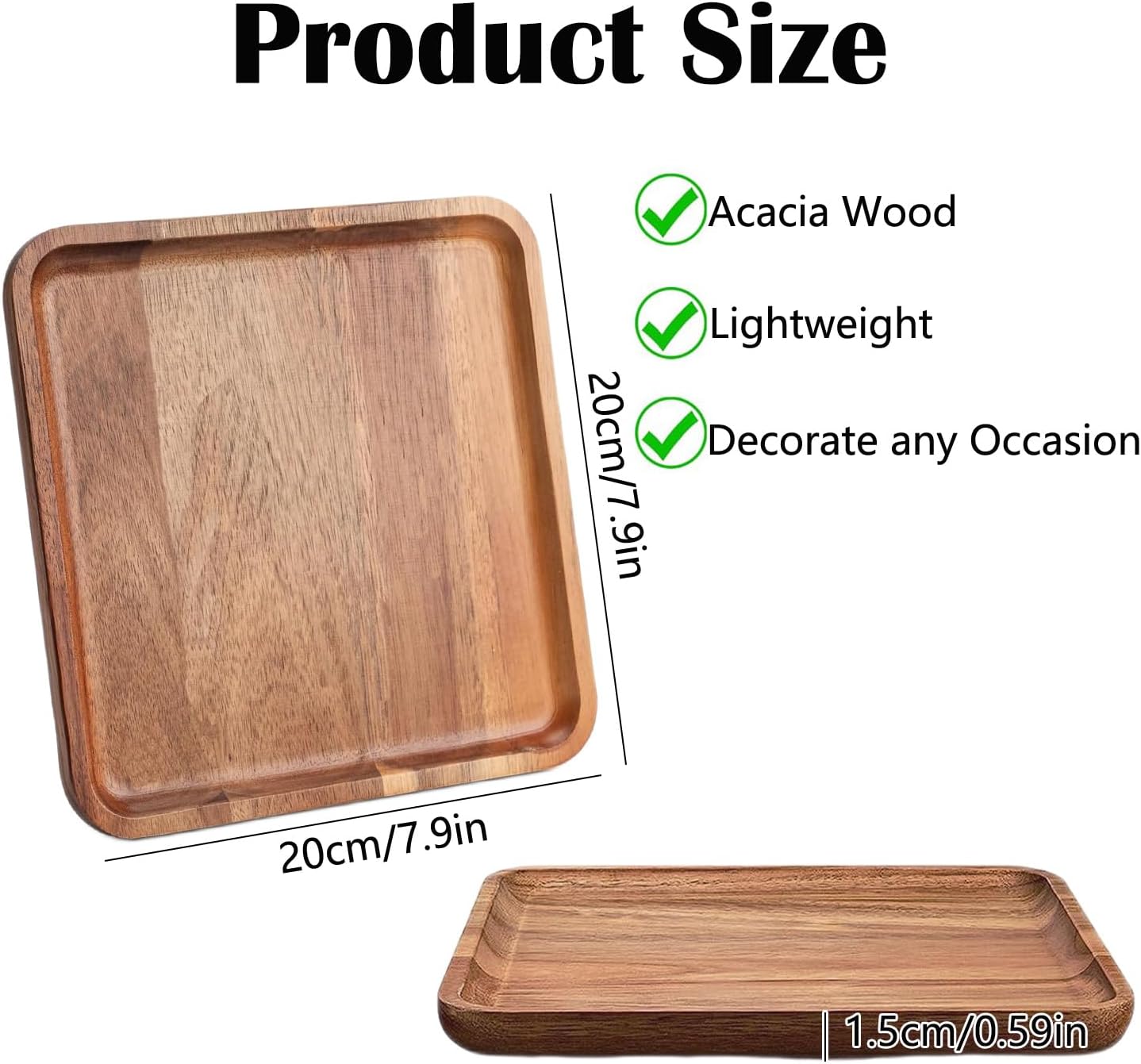 YUANQIAN Acacia Wood Square Serving Tray,7.9 Inch Wooden Platters,Small Wood Charcuterie Board Plates for Coffee, Fruit, Bread,Cheese (1, 7.9" x 7.9")