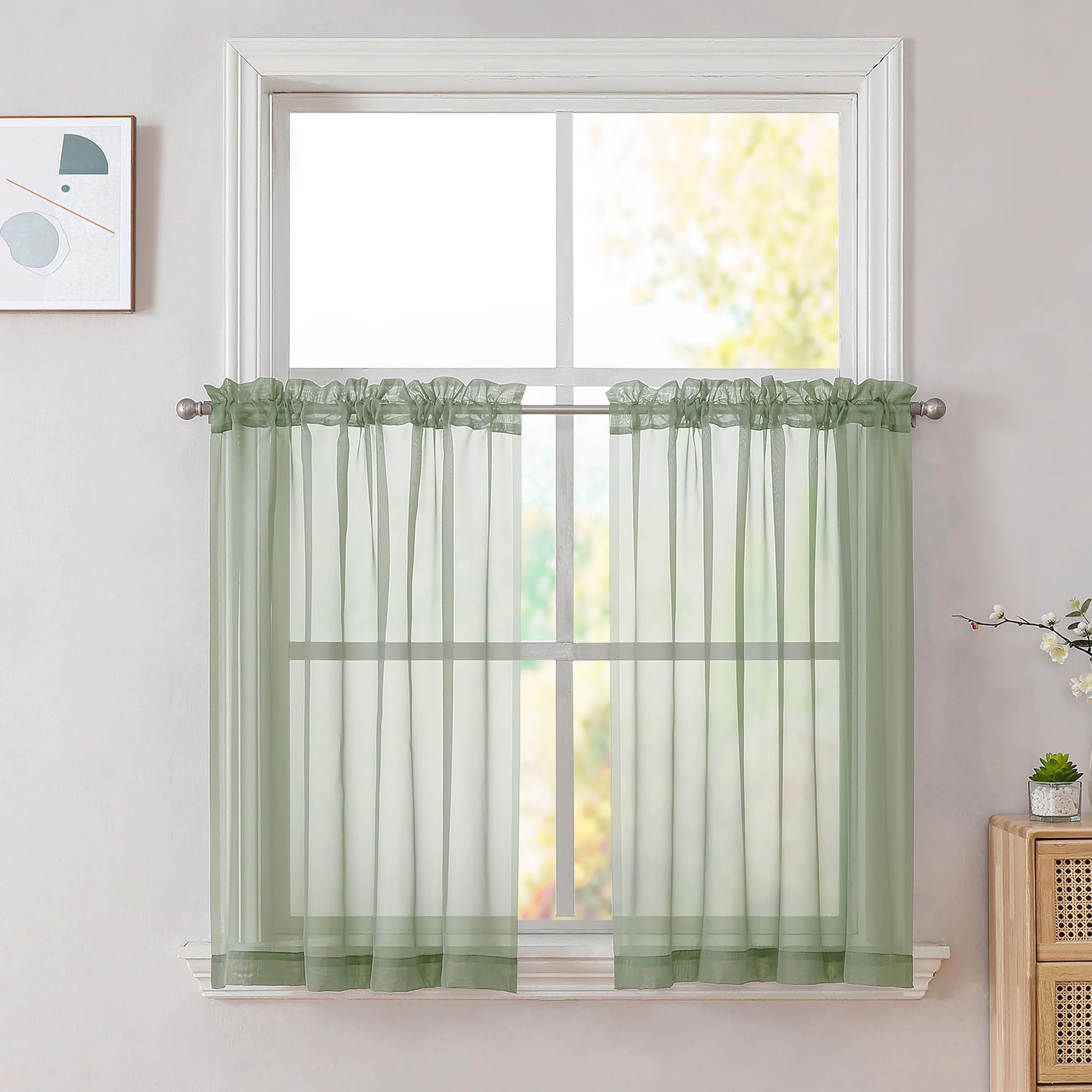 OVZME Sage Green Sheer Curtains 36 inches Long, Short Kitchen Window Treatment Solid Sheers Cafe Curtains Bathroom Voile Half Window Curtains 2 Panels, Rod Pocket, 42" Wx36 L