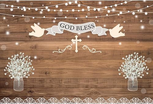 Miniatura 5 de Leyiyi Telón de fondo de 5 x 3 pies con diseño de cruz de bautismo de comunión con diseño de cruz de madera rústica, fondo de fotografía, flores