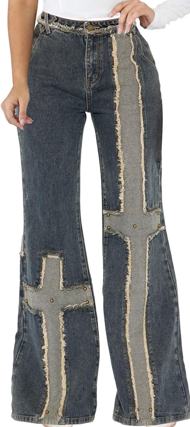 SeNight Women Bell Bottom Jeans Elastic Waist Ripped Flared Jean Destroyed Raw Hem Denim Pants