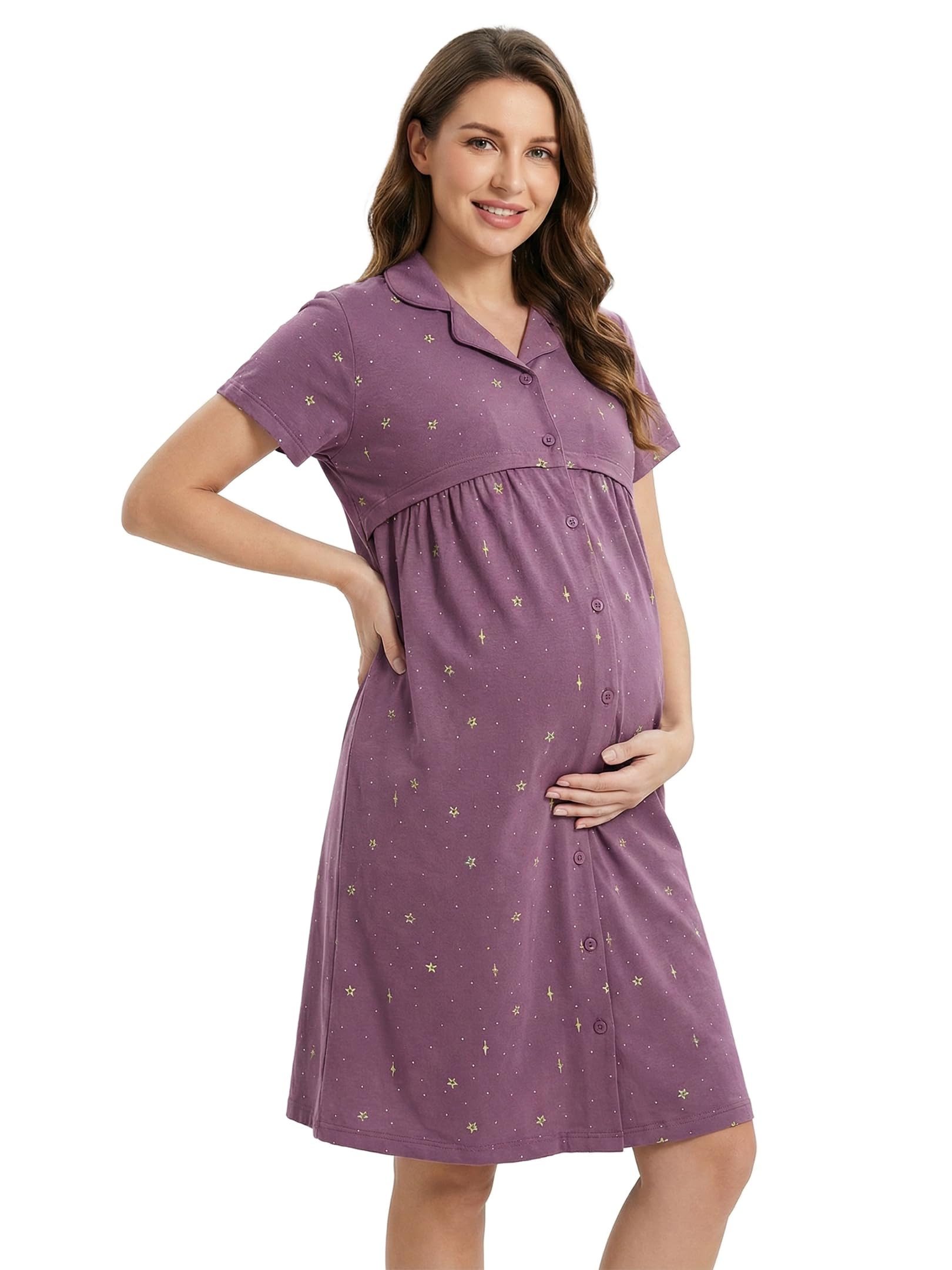 Maternity Dress for Women's Polka Dot & Star Printed Feeding Short Nighty Night Gown Shirt 1185-image-36
