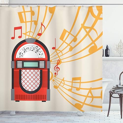 Lunarable Retro Shower Curtain, Colorful Vintage Jukebox Design with Musical Notes with Sheet on Pale Background, Cloth Fabric Bathroom Decor Set