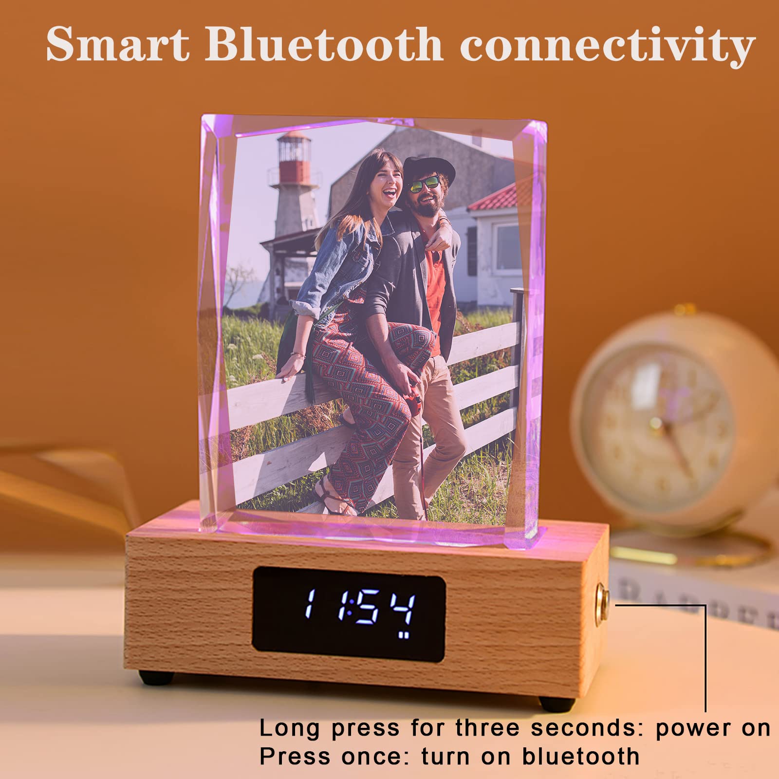 Lámpara Musical con Foto Personalizada y Reloj,con impresión a Color,Caja de música de Cristal con Bluetooth para cumpleaños,Aniversarios y decoración del hogarr-Tamaño Vertical pequeño