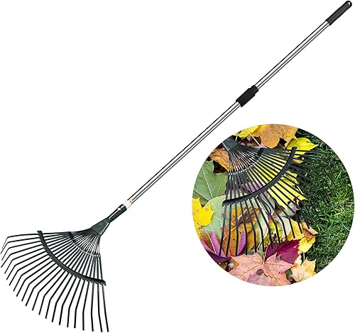 uxcell Rastrillo para hojas, 42 a 63 pulgadas, 22 púas, rastrillo de hojas de jardín ajustable de acero inoxidable para jardín, macizos de flores,