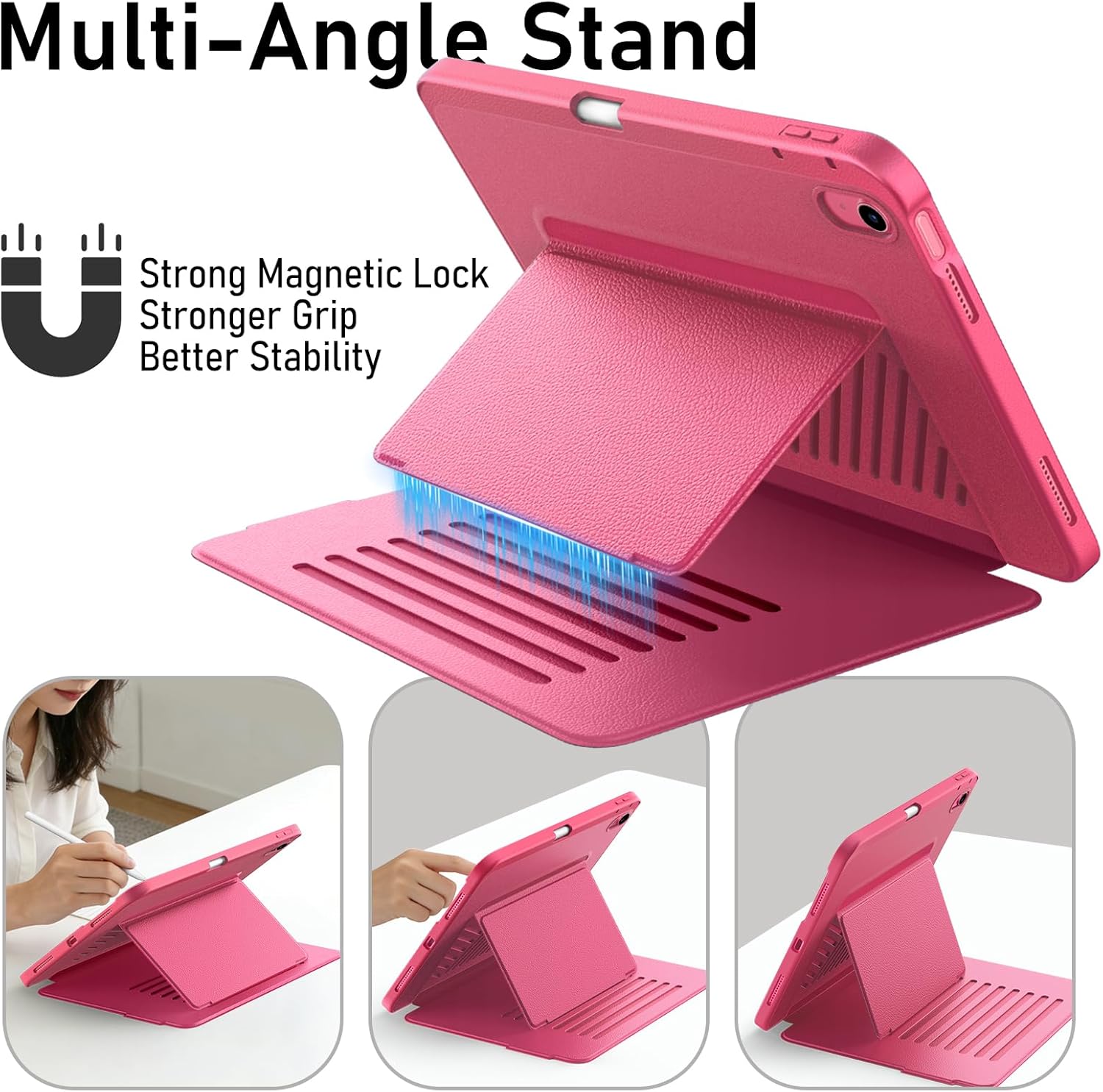 JETech Multi-Angle Stand Case for iPad (A16) 11th/10th Generation (2025/2022), Ultra-Stable Support, Slim Shockproof Cover with Pencil Holder, Anti-Fingerprint Frosted Back (Pink)