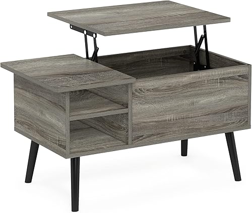 Miniatura 5 de Furinno Jensen - Mesa auxiliar de madera con parte superior elevadora de patas con compartimento oculto y estante lateral abierto para sala de
