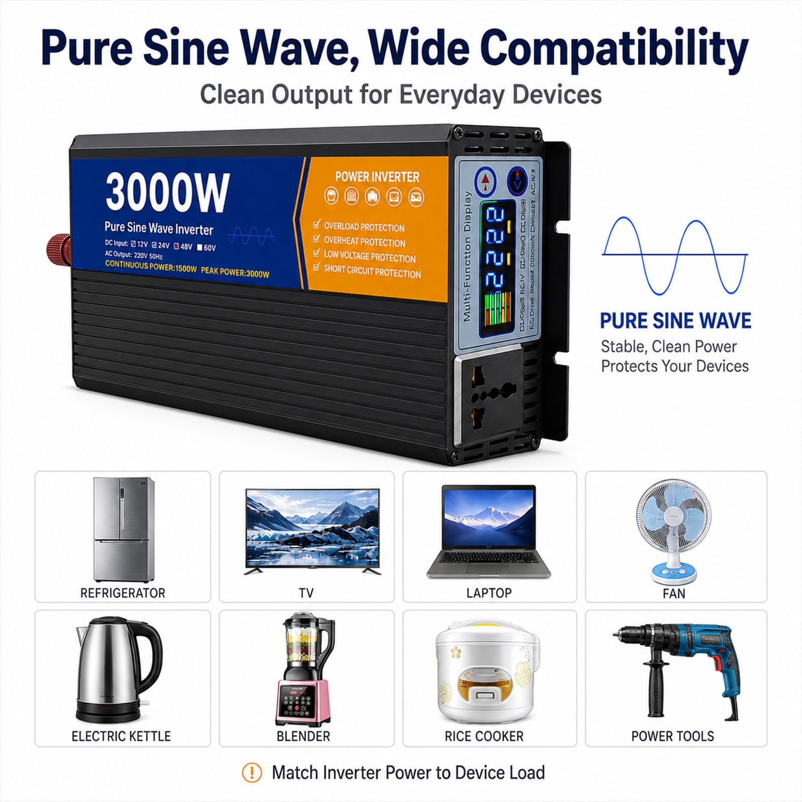 Przetwornica napięcia 12V do 110V/220V, 3000W, czysta fala sinusoidalna 12V-220V