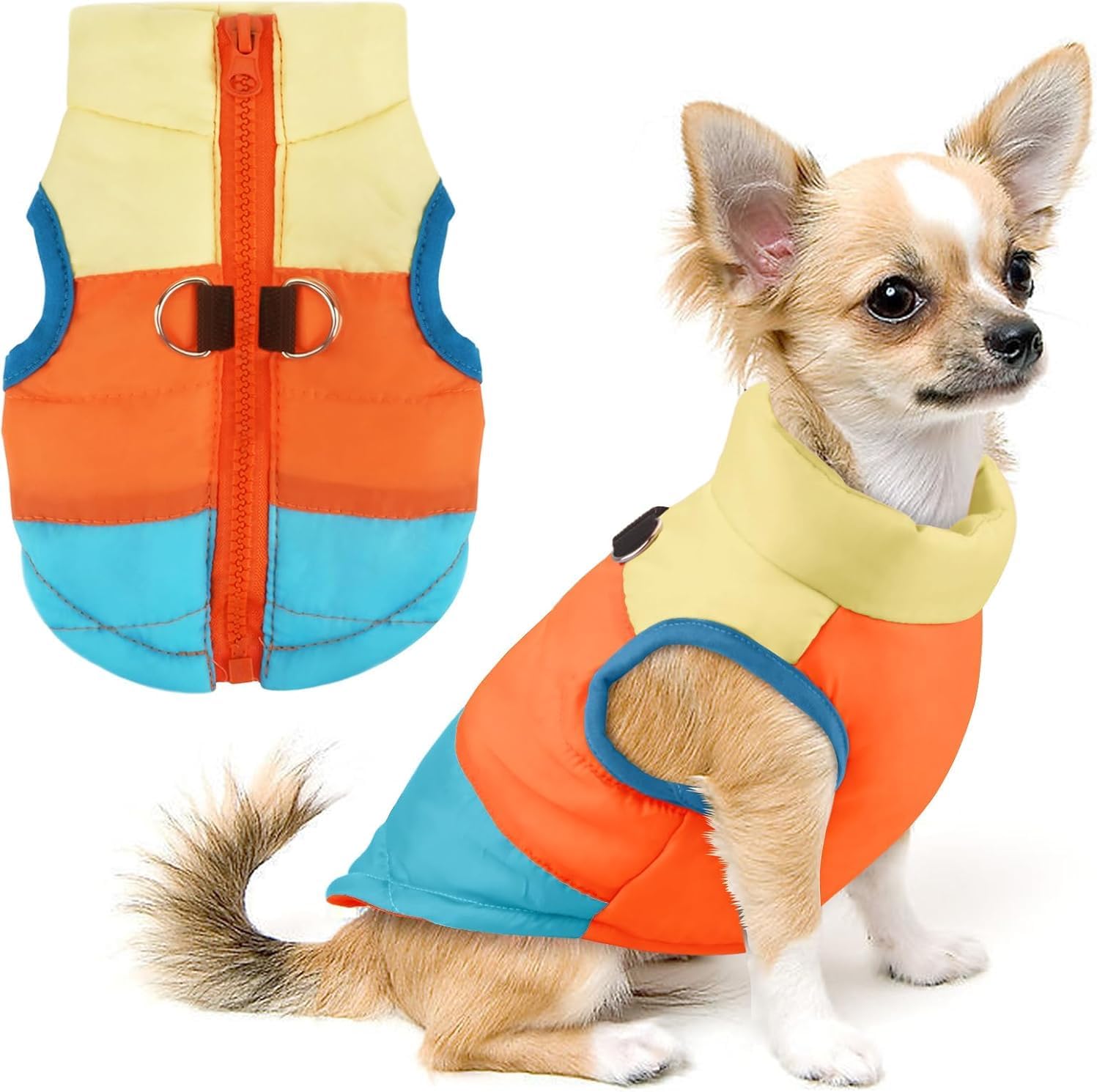Idepet Pet Dog Cat Coat with Leash Anchor Color Patchwork Padded Puppy Vest Jacket Teddy Chihuahua Costumes Pug Cloth XS S M L(XX-Large,Sky Blue)