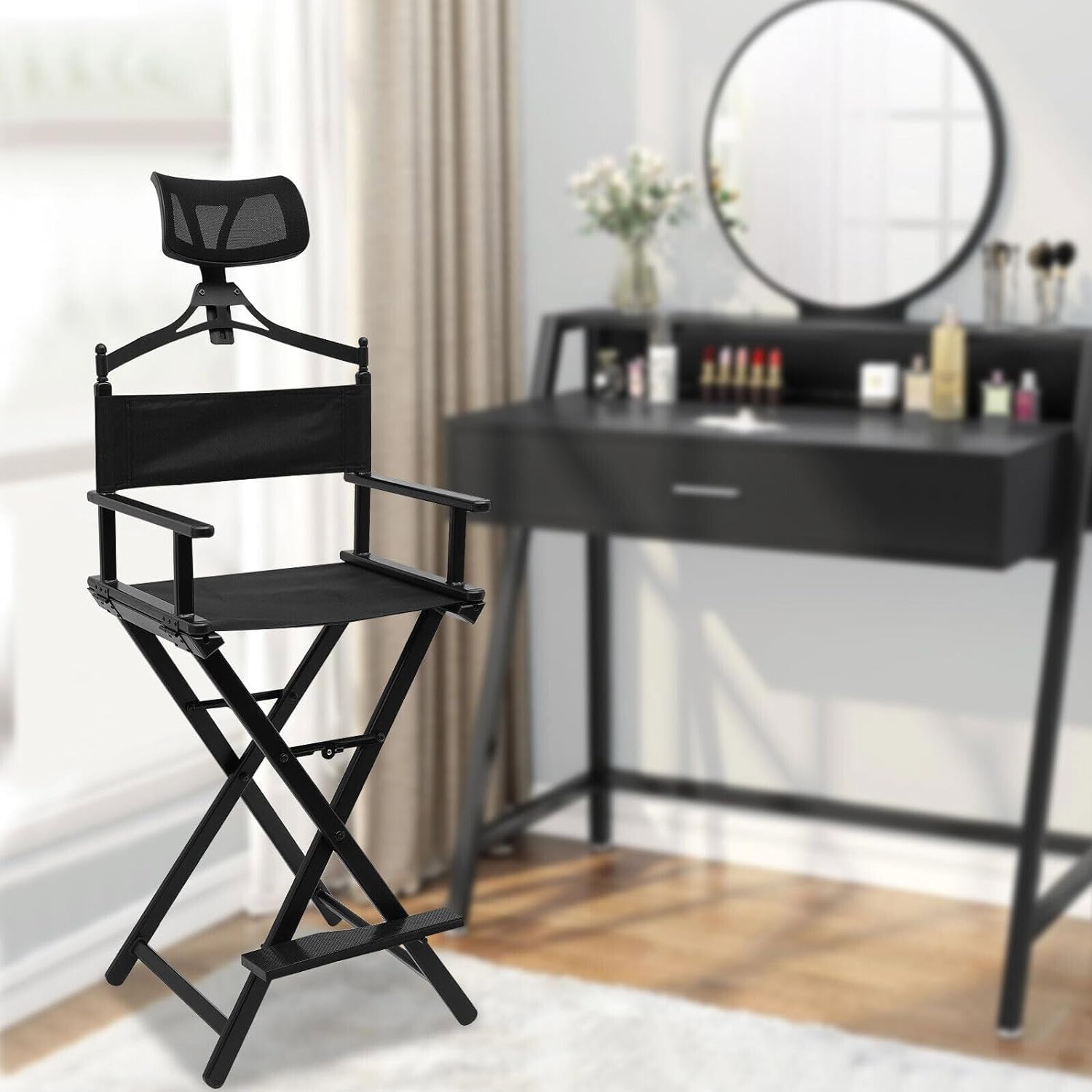 SiHmai Chaise De Tabouret De Maquilleur Pliable Extra Haute, Chaise De Réalisateur Haute Portable avec Appui-Tête, pour Camping, Vanité De Salon De Studio,d'or