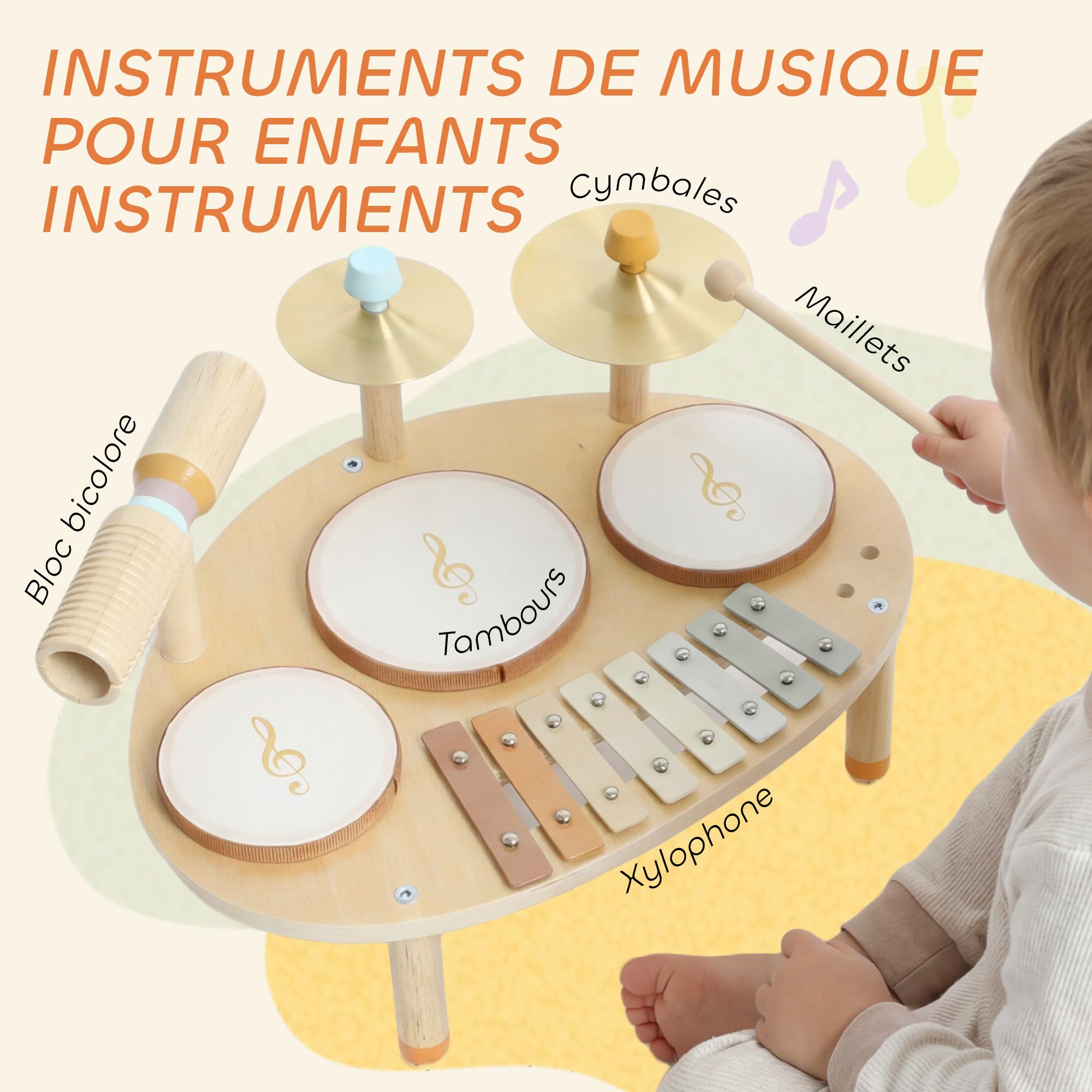 AIYAPLAY Jeux de Tambours pour Bébé avec Xylophone pour Tout-Petits 2+ Ans | Tambour Bébé, Instruments de Musique pour Enfants en Bois, Cadeaux de Garçons et Filles, Bois Naturel