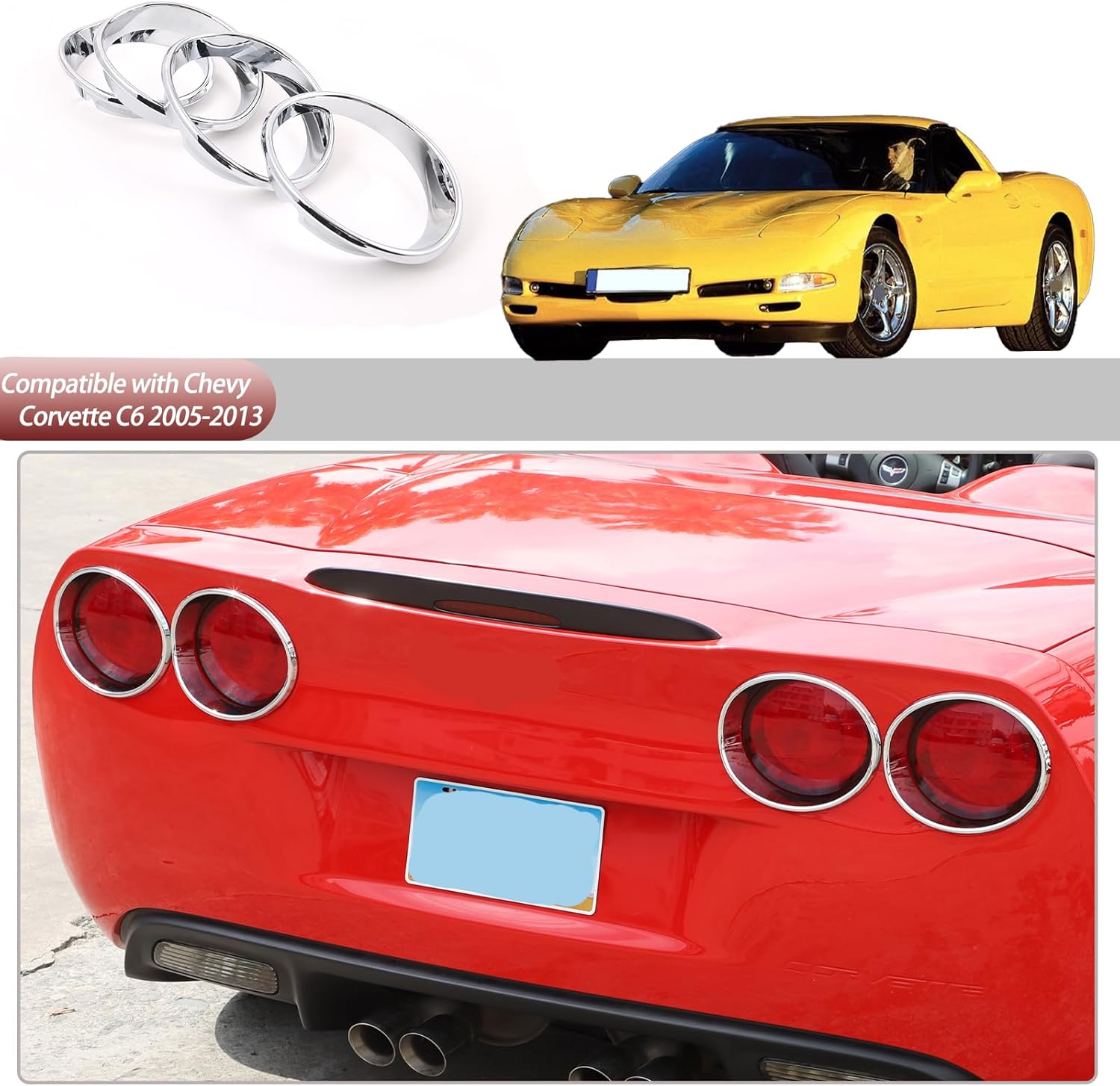 Tail Light Cover Guard Compatible with Chevy Corvette C6 2005-2013, Rear Tail Light Guards Cover, Tail Light Lamp Cover Guard Trim Frame Bezels Decoration (Gloss Silver)