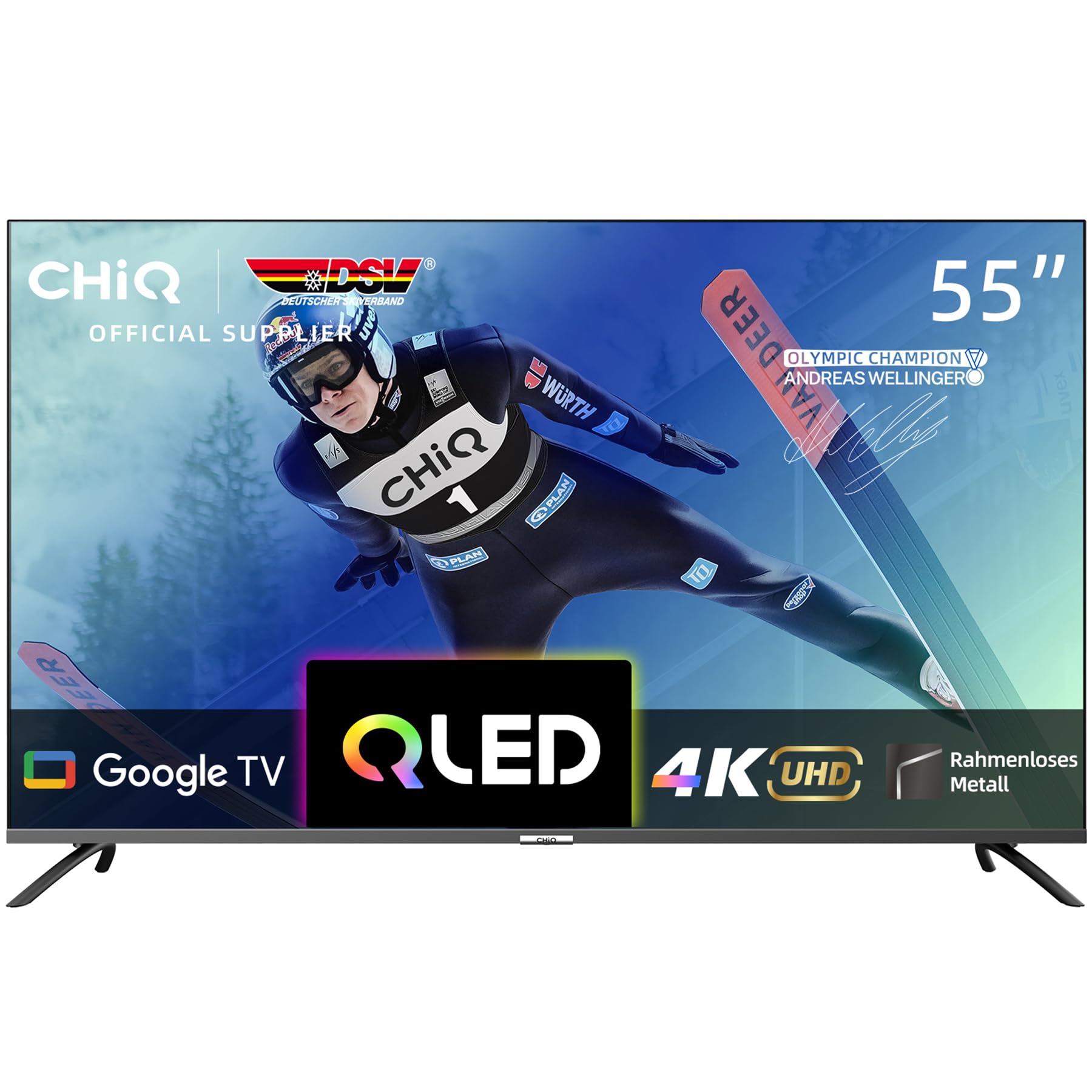 CHIQ U55QM8G 55 Zoll Smart TV, QLED UHD mit HDR, rahmenloses Metall-Design, Google TV, Dolby Audio, Triple-Tuner, 2,4G/5G WLAN, Google Assistant, HDMI 2.1, USB2.0, Modell 2023 Schwarz