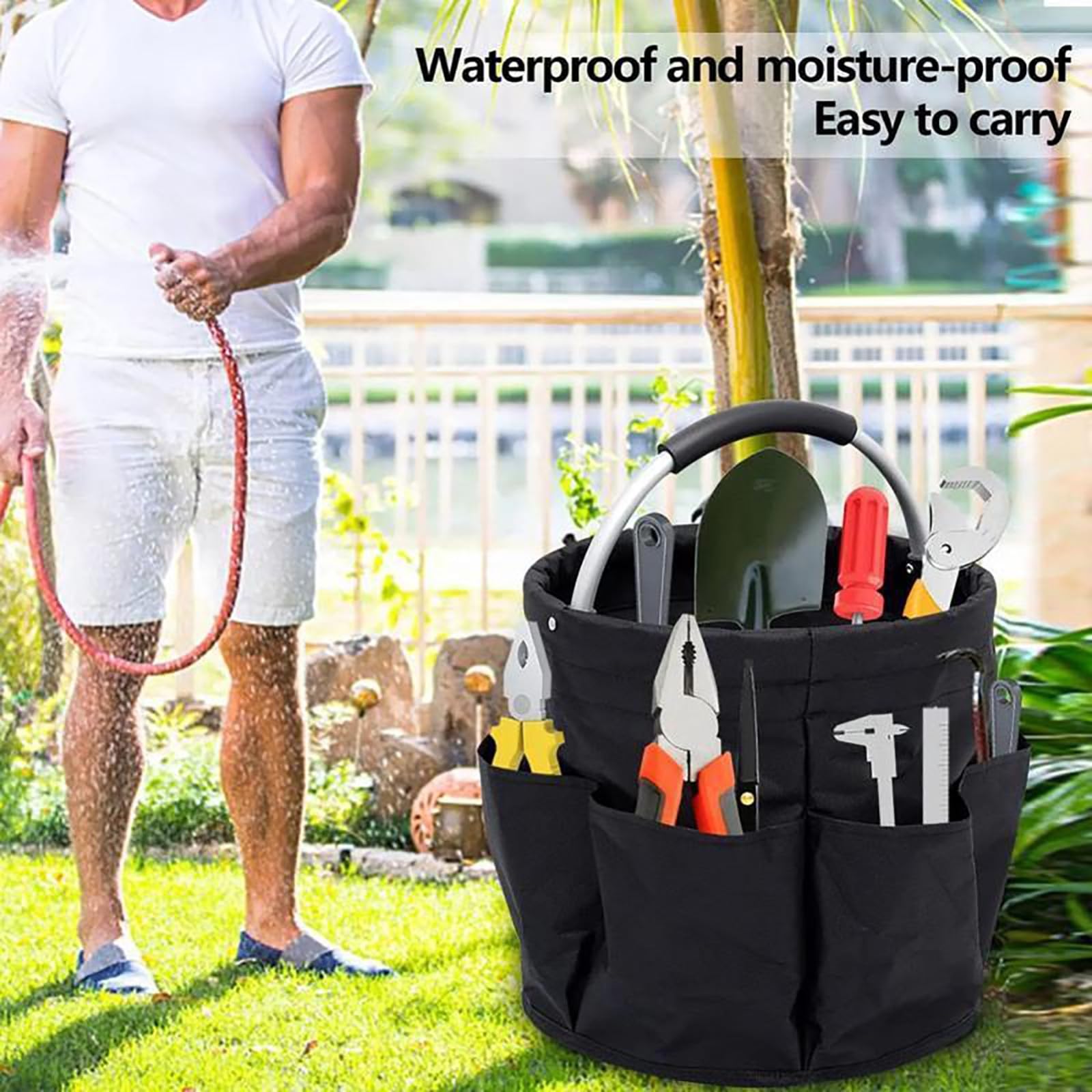 Cubstone 17L Putzmittel Organizer, Reinigungskorb Mit Griff, Gartentasche Mit 6 Taschen,Foldable Waterproof Cleaning Caddy für Innenbereich,Garten,Badezimmer,Camping(Black,A)