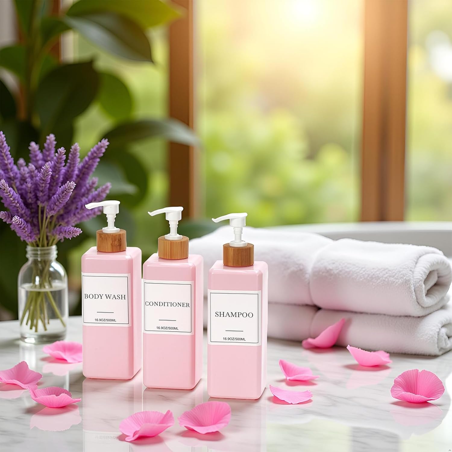 Shampoo and Conditioner Dispenser for Shower, Refillable Shampoo and Conditioner Bottles Body Wash Dispenser with Waterproof Labels, 3PCS Soap Dispenser Bathroom Pink White Empty Pump Bottle - Image 2