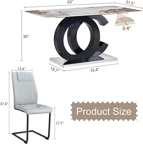 Miniatura 3 de Juego de mesa de comedor de 63'' para 6, juego de mesa y sillas de comedor de 6, mesa de mármol blanco sintético con patas de MDF y 6 sillas 2-Mesa