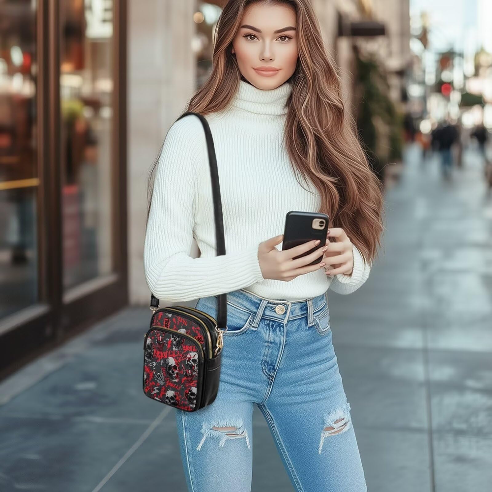 Czerwona czarna czaszka skała torba kurierska dla kobiet crossbody skórzana torebka na ramię mały uchwyt na telefon torba skórzana torba bezpieczne zapięcie na zamek błyskawiczny