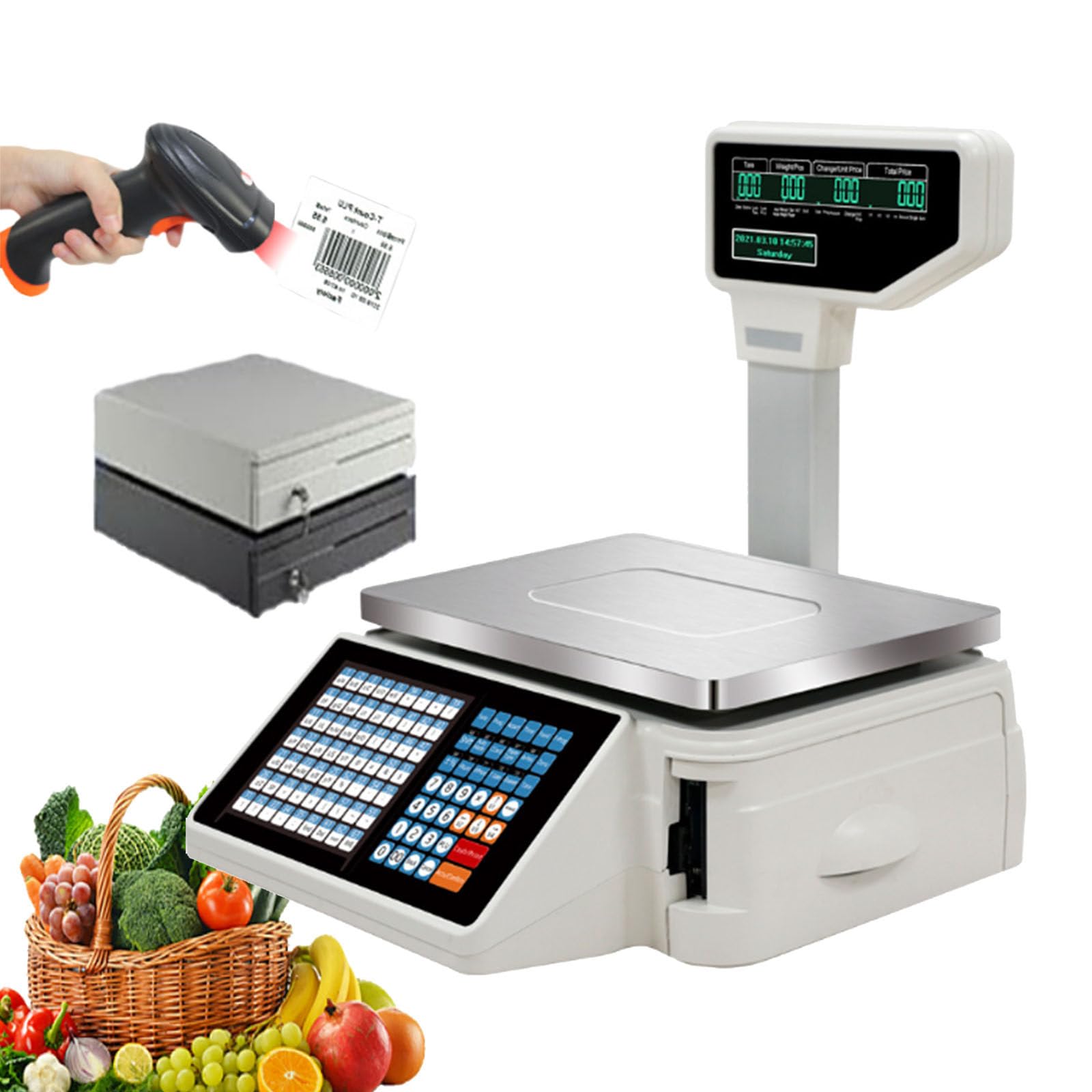 JKJZSALJ Label Printing Scale,Digital Weighing Scale,Front And Back Dual Display,63 Shortcut Keys Commercial Cash Register,Suitable For Supermarkets,Retail Store,D