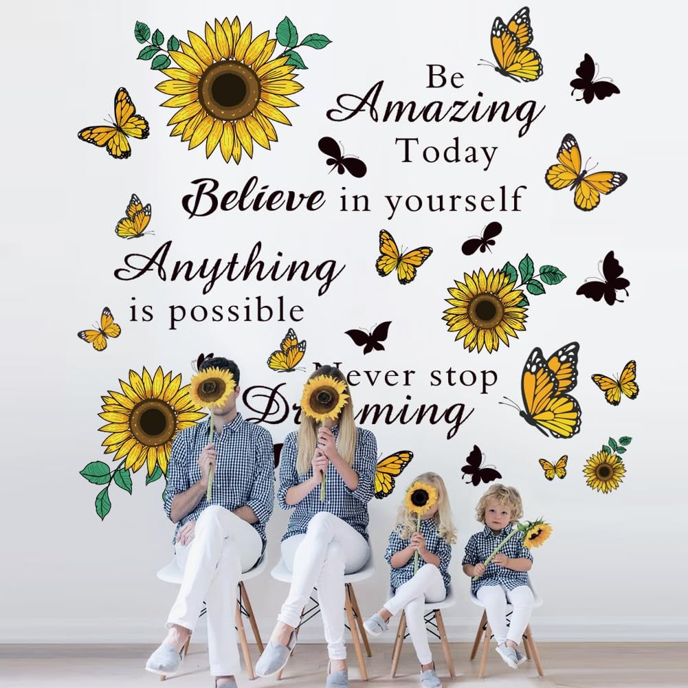 Inspirational Quote Sunflower Wall Stickers - Removable Positive Saying Peel and Stick for Classroom, Home, Bedroom, Office Wall Art Decor