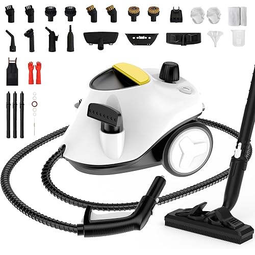 Steam Cleaner,Multipurpose Neat Canister Steamer with 27 Accessories, 5 Mins Heating with 1.5L Tank,Rolling Cleaning Machine for Carpet, Floors,Windows,Mirrors,Glass and Cars (White3)