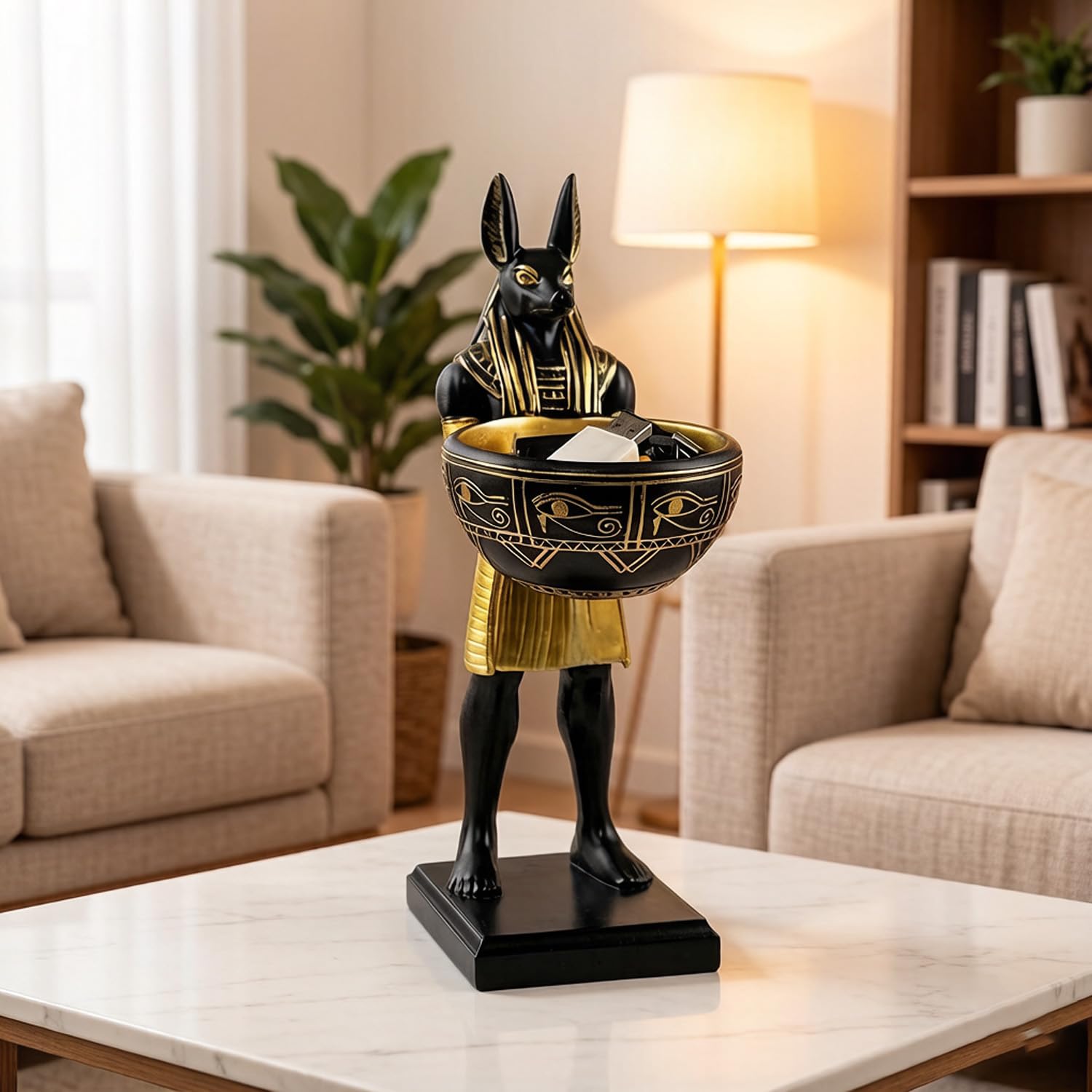 Statue égyptienne d'Anubis en résine avec bol de rangement, figurine décorative mythique noire et dorée, 25 cm de haut, organiseur multifonction pour clés, stylos et petits objets
