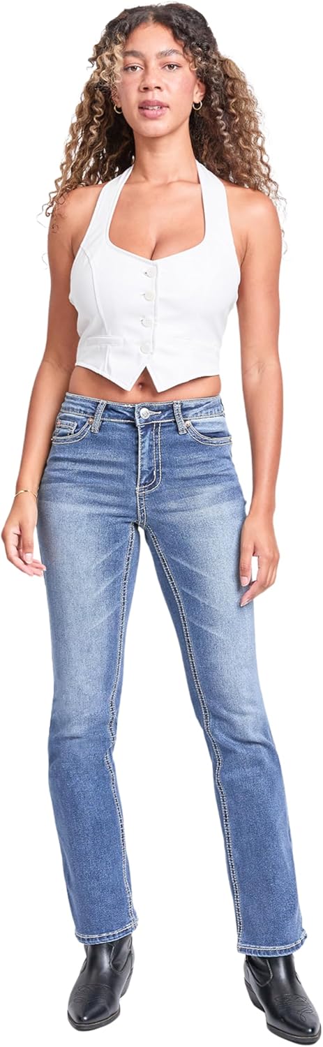 YMI Women's Mid Rise Studded Fleur De Lis Bootcut Jeans