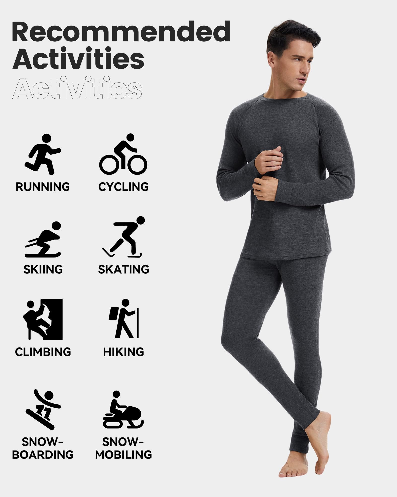 100% Merino Unterwäsche-Set Herren Merinowolle Thermounterwäsche Ski | Feuchtigkeitsableitend, Wärmeregulierung, 18,5 Mikron, 190g/m² & 260g/m², Langarm Ober- & Unterteile, Wintersport, Skifahren