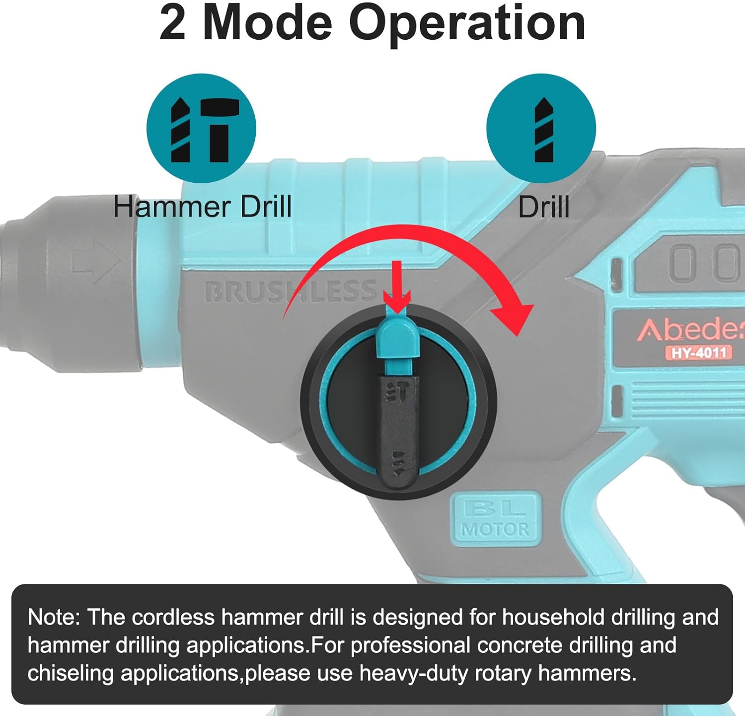 Abeden Cordless Rotary Hammer Drill Kit with 2.0Ah Lithium-Ion Battery and Charger,Brushless Motor,SDS Plus,2 Modes,3 Drill Bits,Variable Speed for Concrete Wood Brick Metal