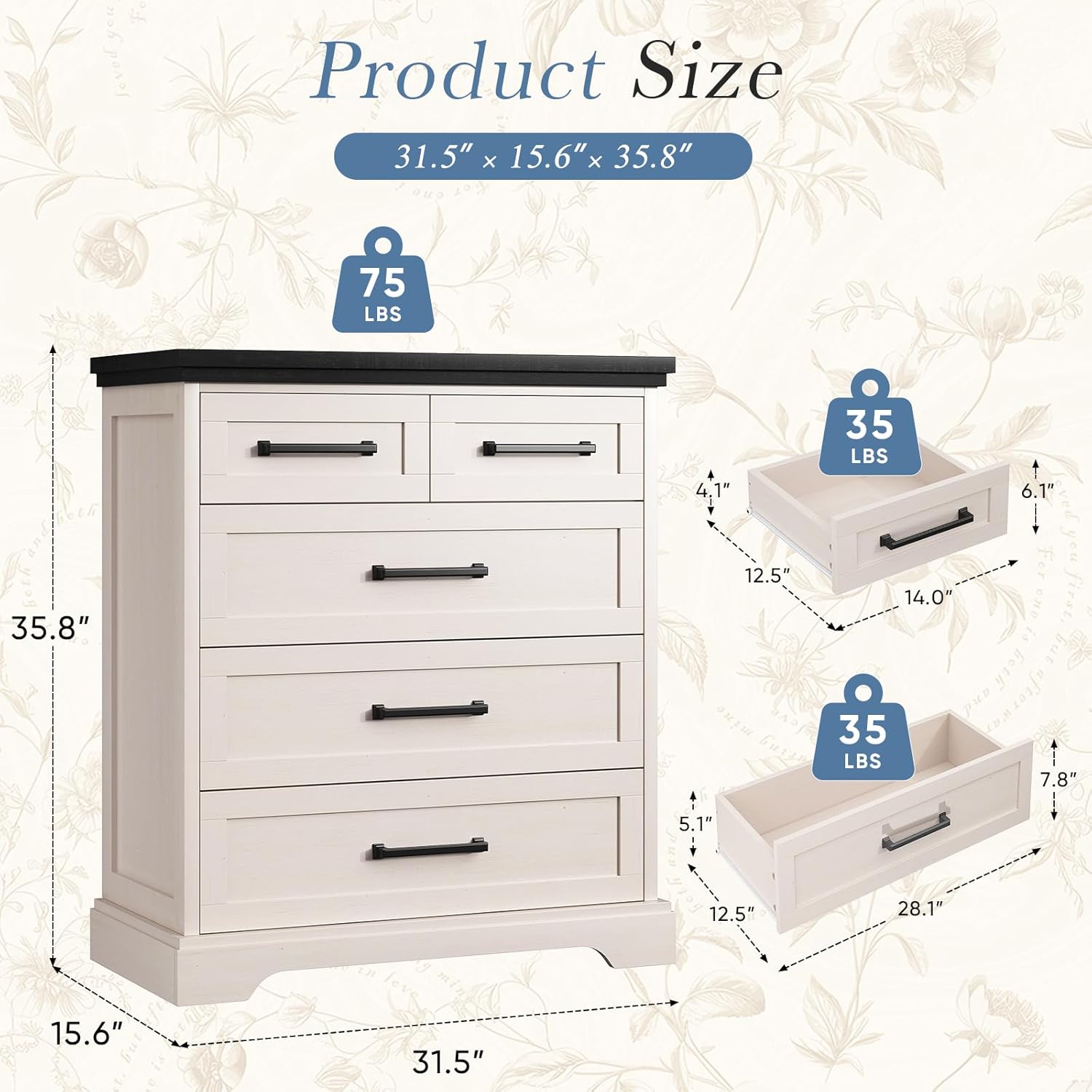 5 Drawer Dresser for Bedroom, Chest of Drawers with Modern Farmhouse Style, Wood Structure Storage Dresser with Metal Slides, Anti-Tipping Kit and Industrial Decor for Bedroom, Living Room