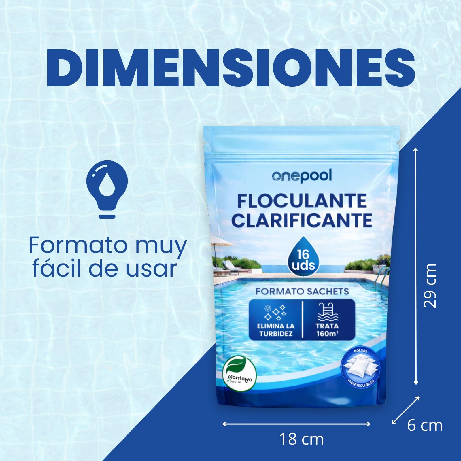 PLANTAWA Flocculante in polvere 16 bustine | Flocculante Chiarificante per Piscine, Equivale 2KG, Eliminatore Turbidità, con Ingredienti Origine Naturale, Vegano, Tutti i Tipi Piscine, SPA