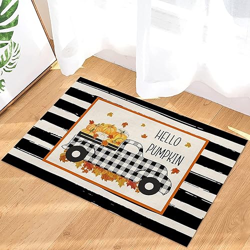 Miniatura 1 de Hello Pumpkin Checkered Truck and Maple Leaves Black Stripes Bath Mat,Welcome Door Mat Bathroom Non-Slip Absorbent Rug,Bathroom Decor Memory Foam
