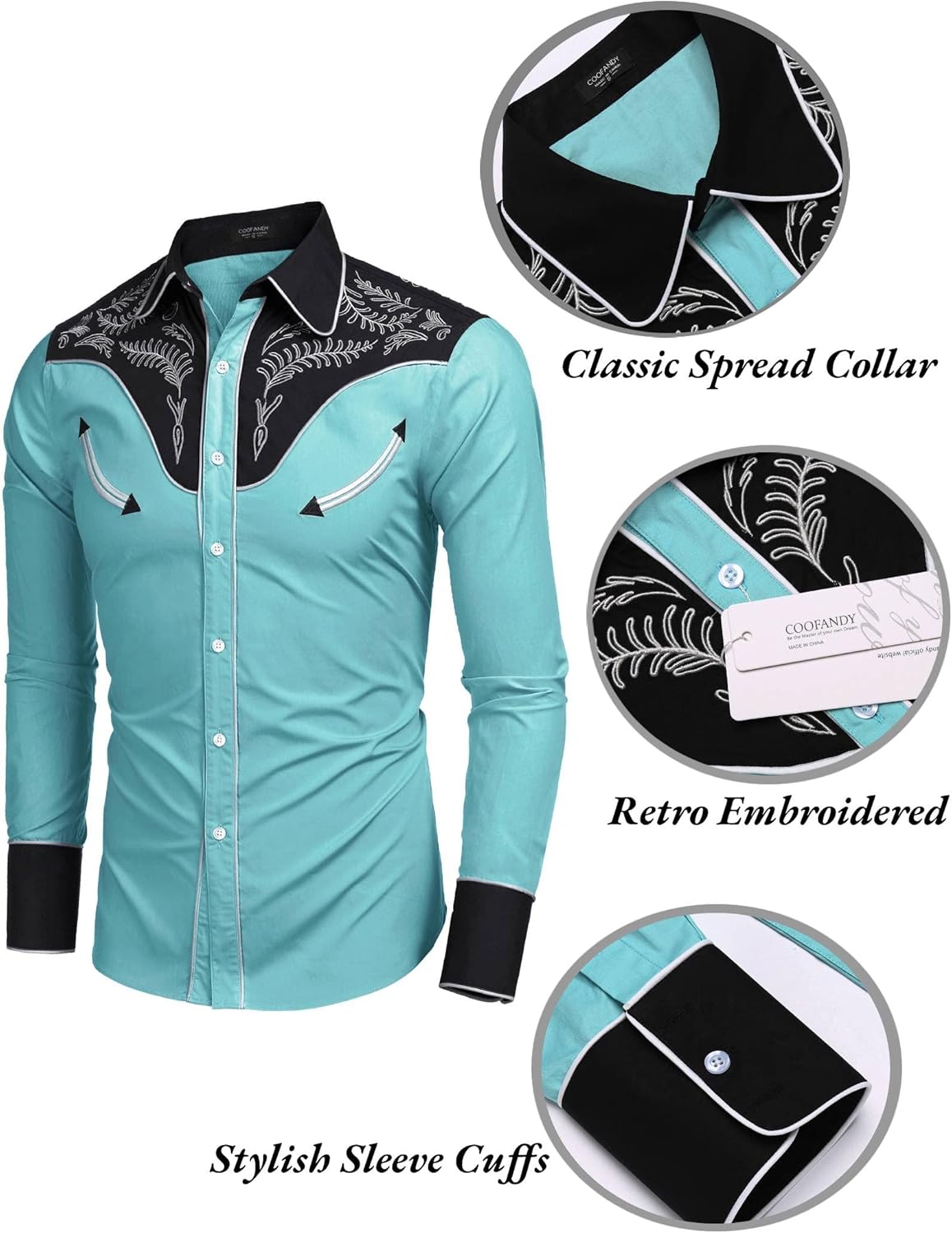 COOFANDY Men's Western Cowboy Shirt Casual Long Sleeve Button Down Cotton Shirts Small Cotton - Blue