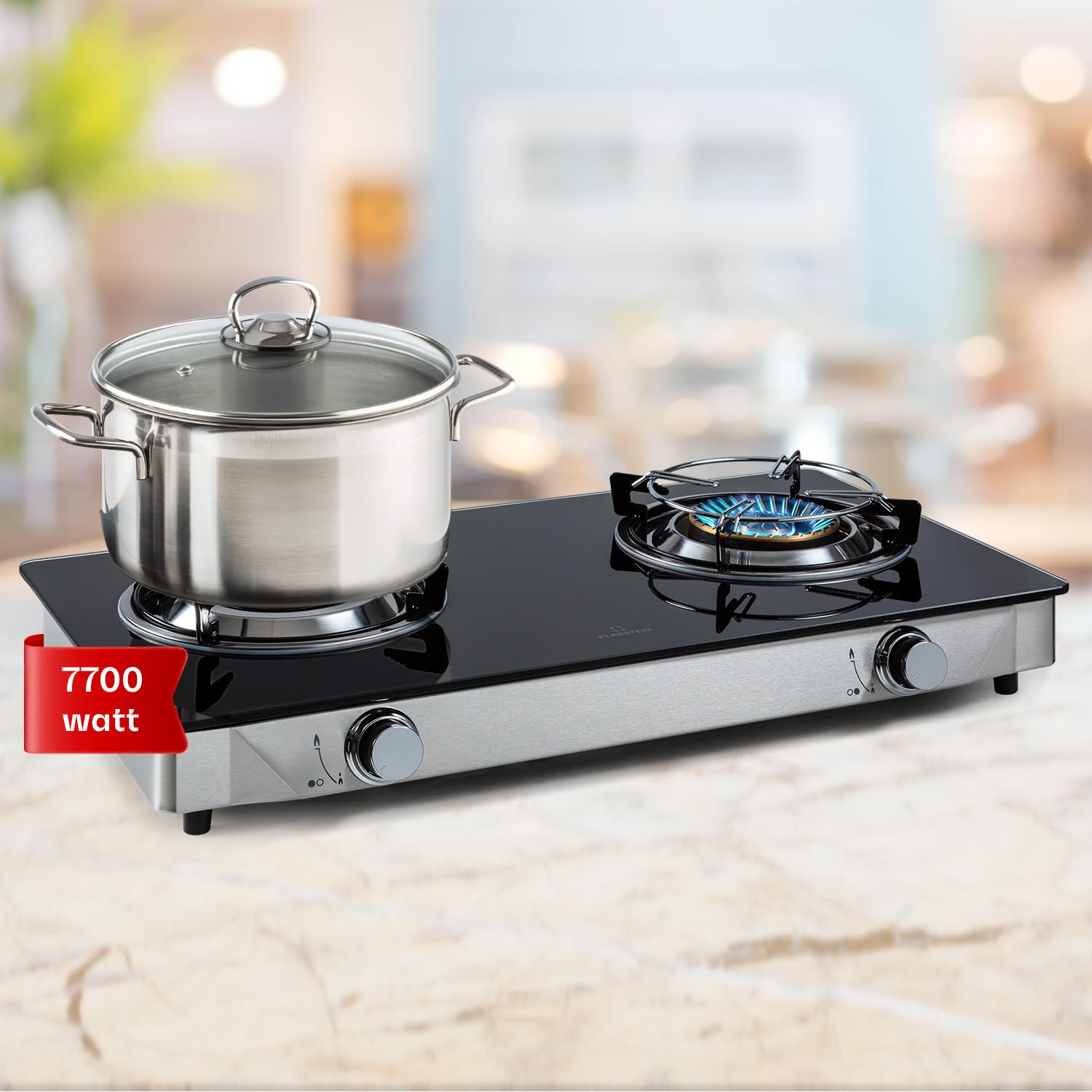 Klarstein Piastra a gas con 2 fuochi cottura e tavolo da 2 bruciatori piano 7,7 kW in acciaio inox