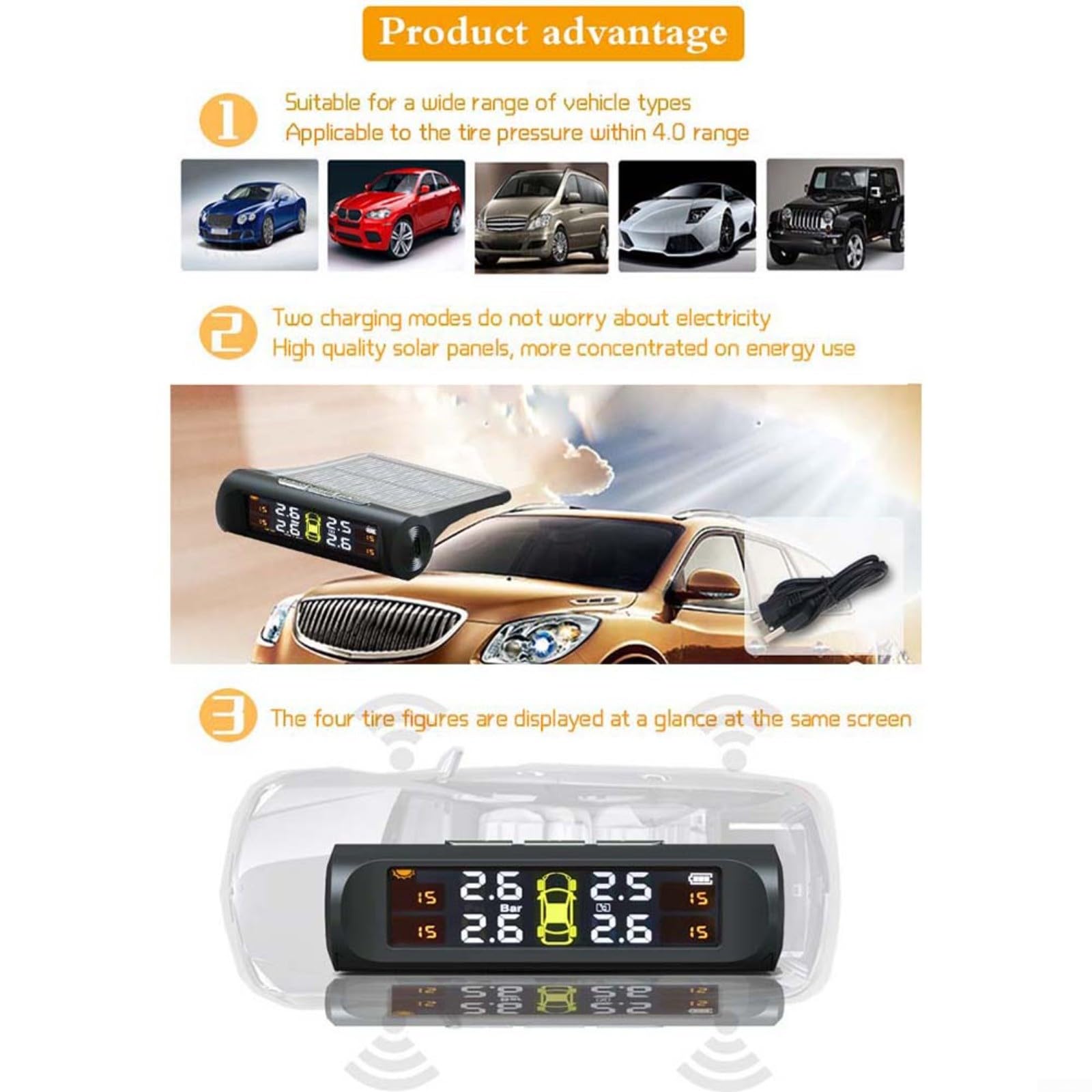 RichVibe Solar TPMS mit 4 eingebauten Sensoren, kabelloser Reifendruck-Monitor, Digitalanzeige, Hochtemperatur-Alarm für Auto, SUV, LKW, Van