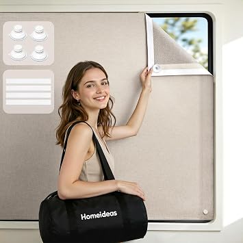 HOMEIDEAS 100% Blackout Travel Curtains,Beige Portable No-Drill Blinds with Stickers & Suction Cups, Blackout Window Cover Light Blocking Shades for RV, Baby Nursery, Dorm, 50" W 78" L