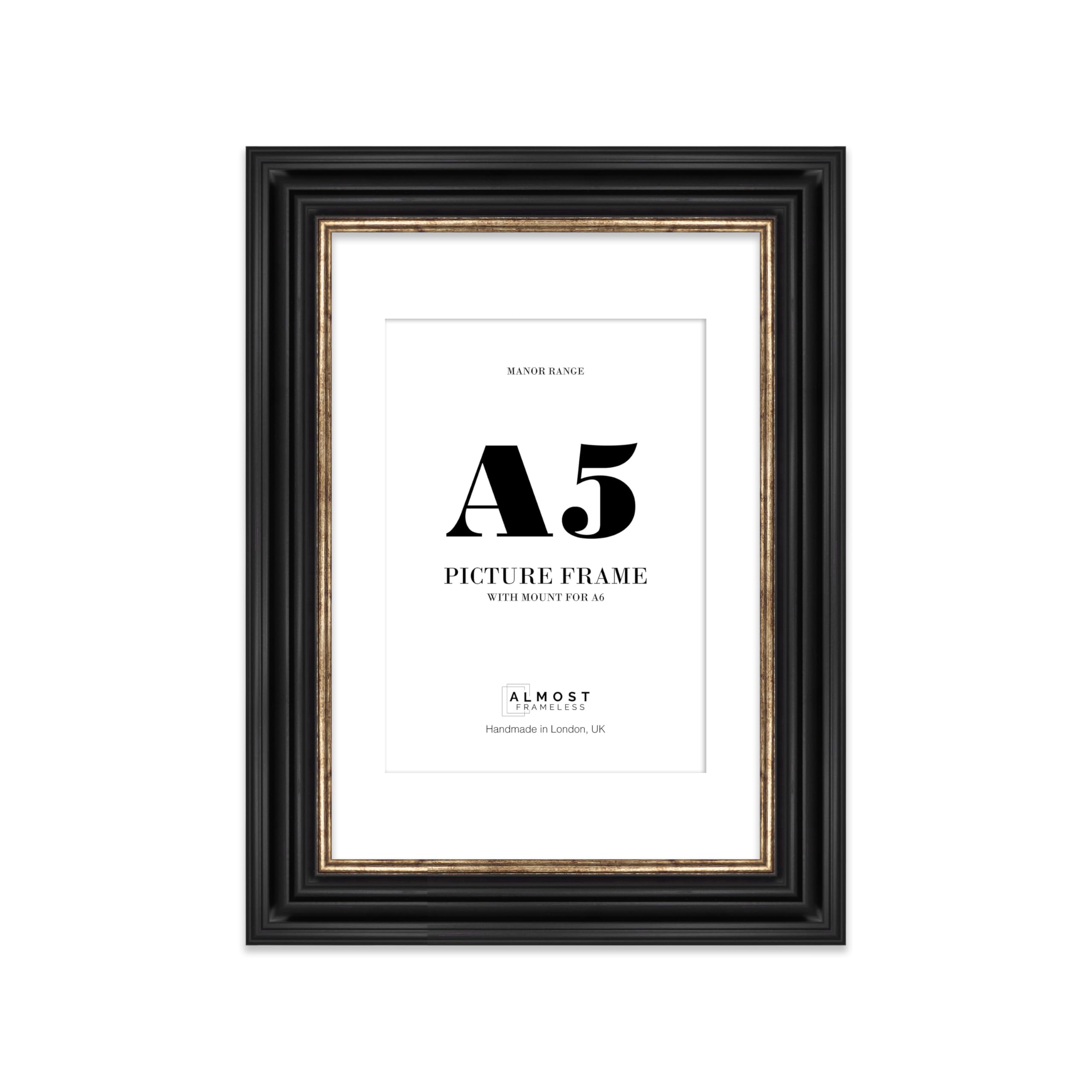 A5 Black and Gold Picture Frame - A5 Frame with A6 Mount for A5/A6 Pictures Luxurious Style Antique-Inspired Home Accessories, 1 Pack