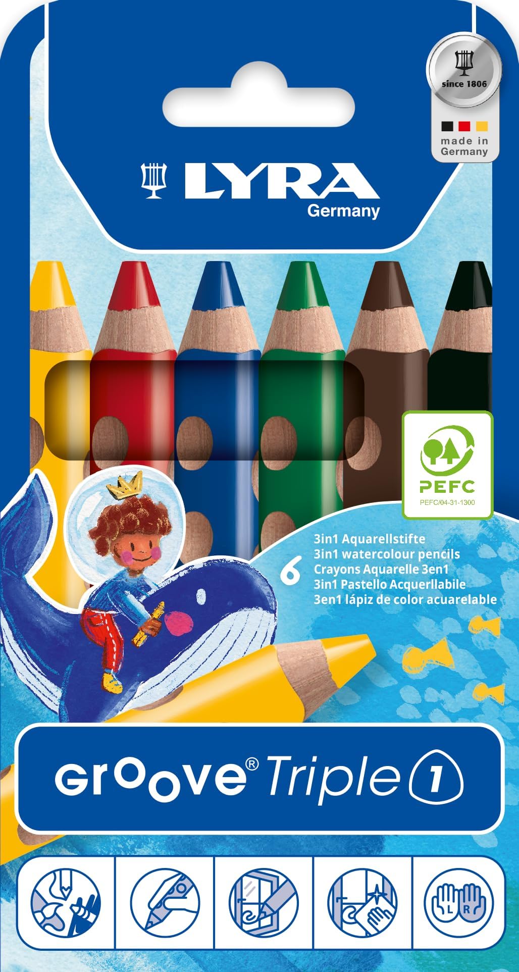 Groove Triple One Wooden Chunky Colouring Pencils 3 in 1, 6 Assorted Colours, Ideal for Children and Schools