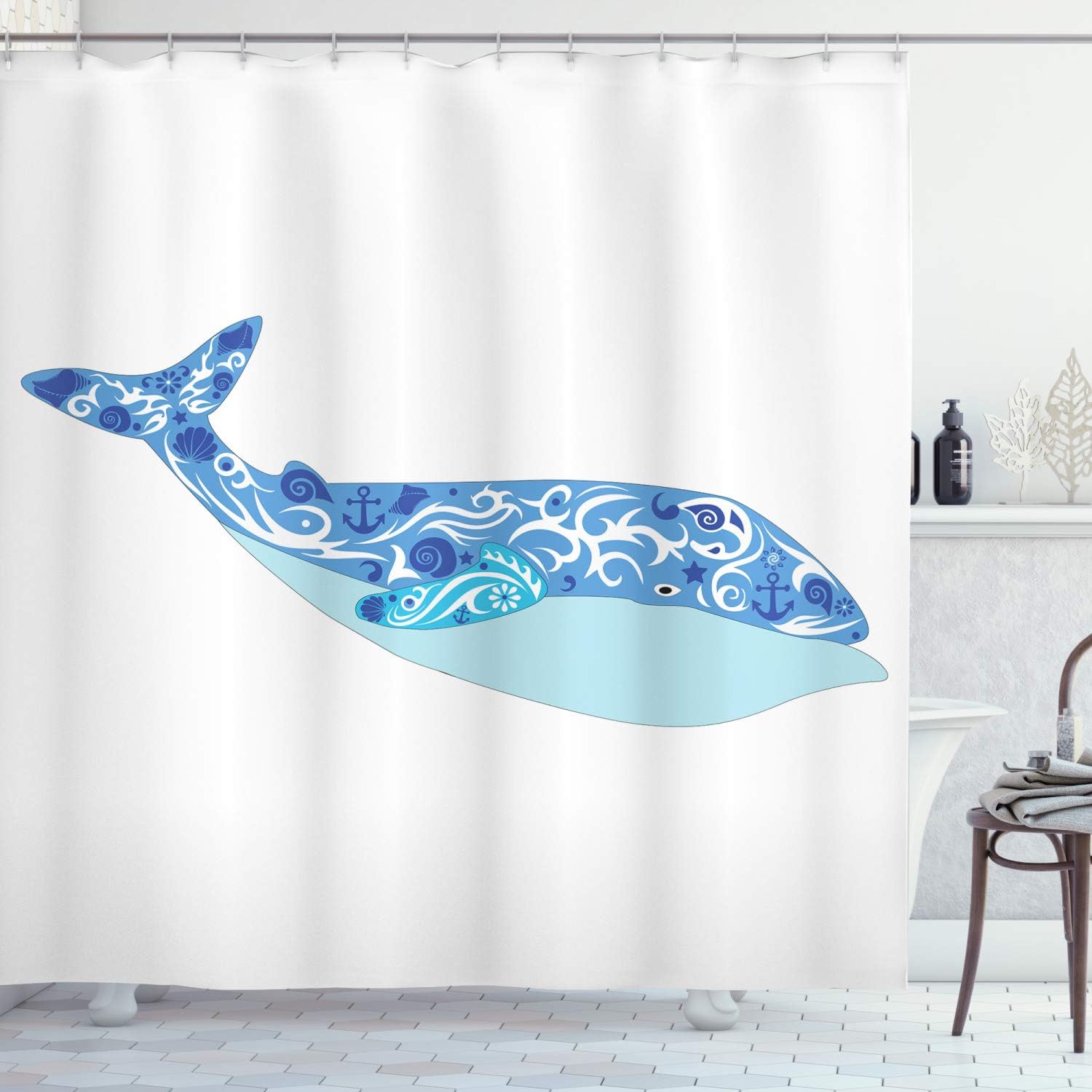 Ambesonne Anchor Shower Curtain, A Sea Mammal Living in Sea of Leviathan in The Large Deep of Water with Fish in an Ornamental Style, Cloth Fabric Bathroom Set with Hooks, 69" W x 75" L, Royal Blue