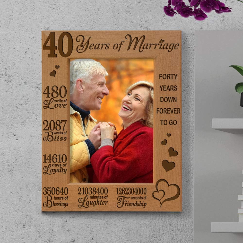 KATE POSH 40 Years of Marriage Engraved Natural Wood Picture Frame, 40 Years Together as Husband and Wife, 40 Years Down Forever to Go, 40th Anniversary (5x7 Vertical)