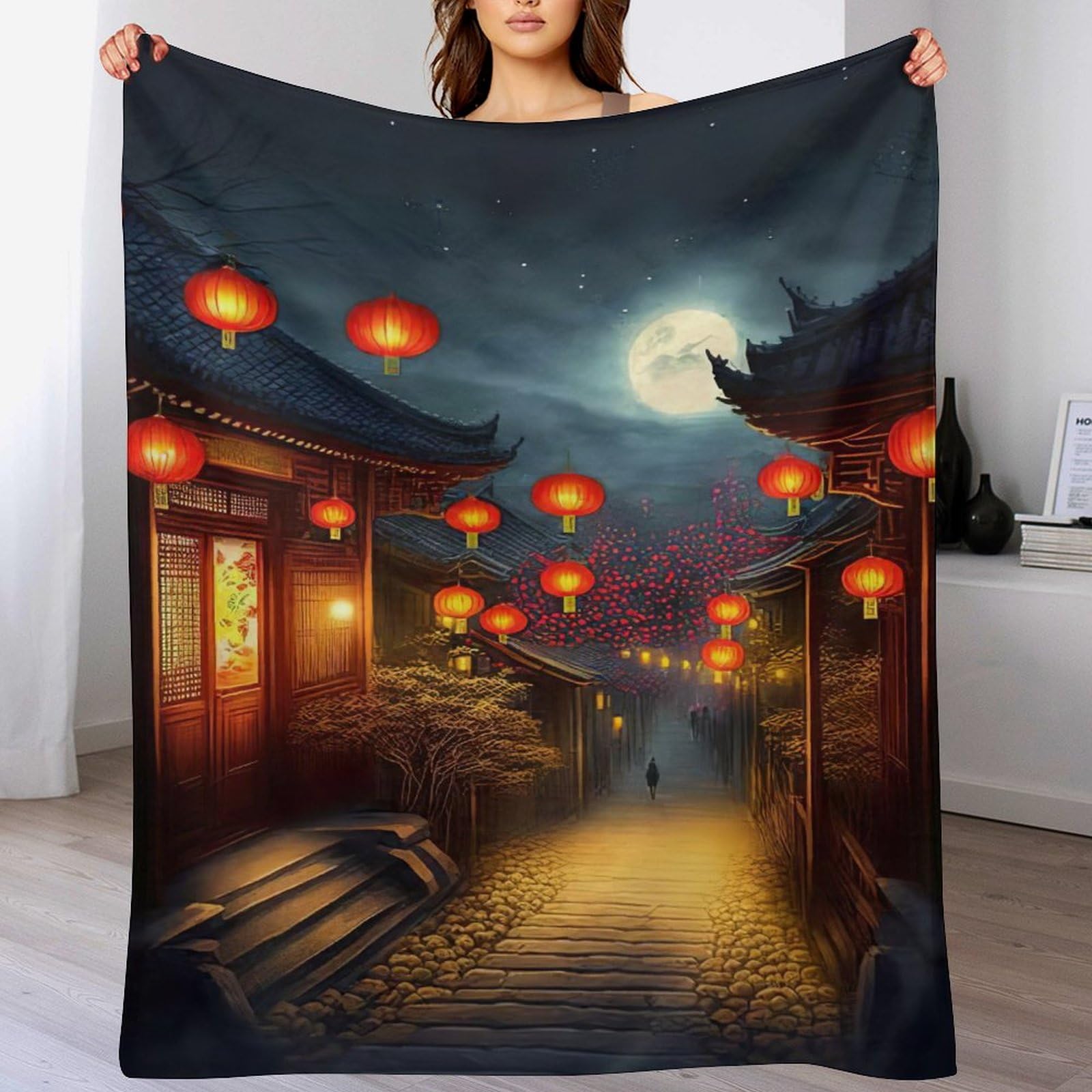 Couverture lanterne chinoise plaid flannel cocooning pour soirée canapé