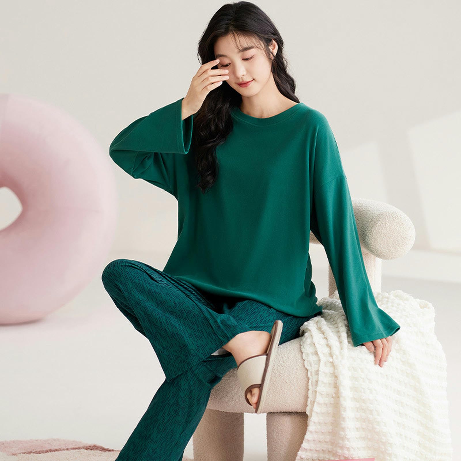 Pigiama Donna Set Pigiama da Donna A Maniche Lunghe - Autunno Inverno Caldo Girocollo Pullover Casual da Casa E Abbigliamento Esterno-d-m