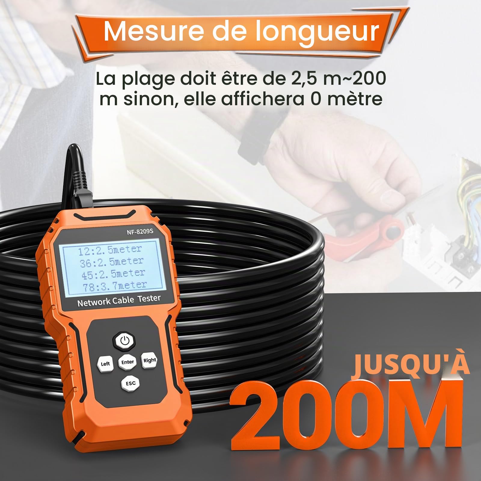 Testeur et traceur de câbles réseau RJ45, testeur de câbles Ethernet VXSCAN NF-8209S traceur de fils avec NCV et lampe pour CAT5 CAT6 CAT6a - Mesure de continuité/longueur/SCAN/Flash/QC/POE