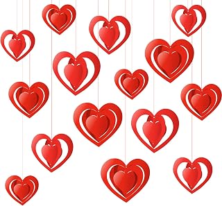 PTFNY 15 Pieces Valentine's Day 3D Heart Hanging Decorations Red Hearts Hanging Ornaments with Red Ribbons Party Supplies for Indoor Outdoor Bridal Shower Anniversary Wedding Party Decorations