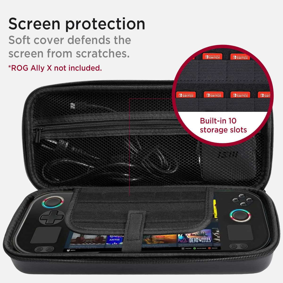 Miimall Funda de Transporte Compatible con ASUS ROG Ally X 2024/ROG Ally 2023, Bolsa de Portátil de Piel Sintética, Dura Antiarañazos Antigolpes Funda Protectora de Viaje con Bolsillos, Negro