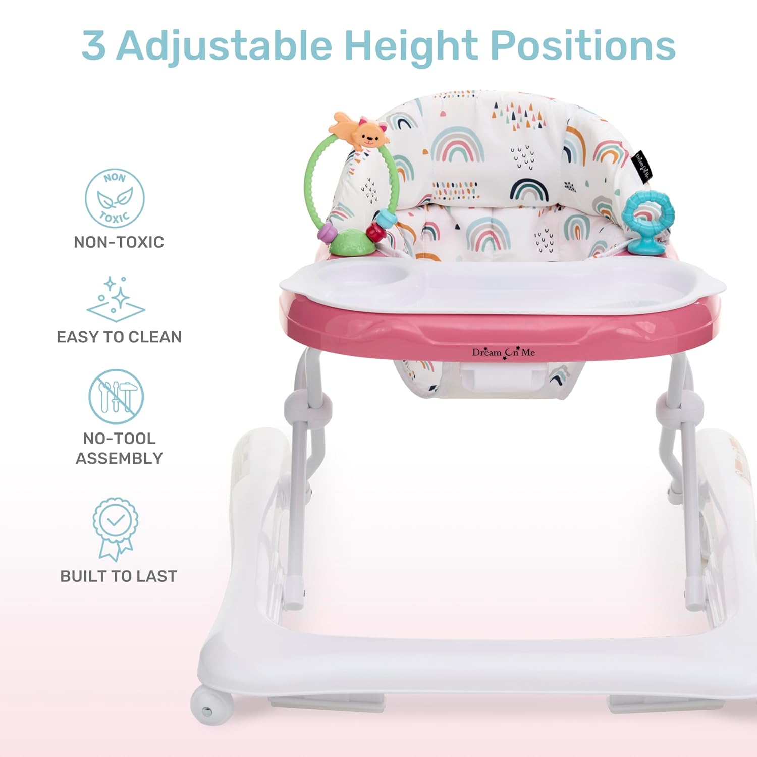 Dream On Me Mia Foldable Baby Walker in Pink, Foldable Walker with Adjustable Heights, Removable, Machine Washable High-Back Padded Seat, Suitable for 6-12 Months