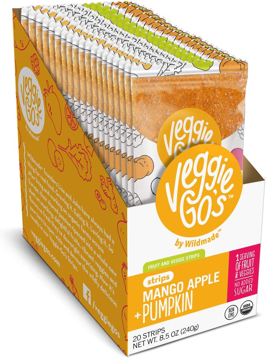 Wildmade Veggie Go's Fruit and Veggie Strips (Mango, Apple + Pumpkin) Organic Fruit Leather with No Added Sugar for Kids and Adults - Gluten-Free, Non-GMO, Vegan - 20 Pack