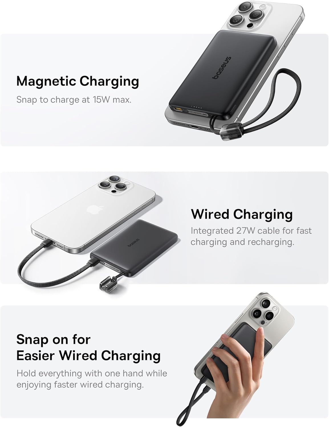 Baseus Picogo Qi2 15W Magsafe Portable Charger, 0.5" Ultra Slim 10000mAh Wireless Power Bank with 27W Built-in USB-C Cable, Magnetic Battery Pack for iPhone 17 Pro Max/17 Pro/Air/16/15/14/13/12